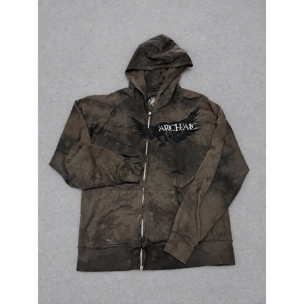 Vintage Archaic Brown Distressed Full Zip Hoodie Skull Wings Graphic Y2K Men’s M